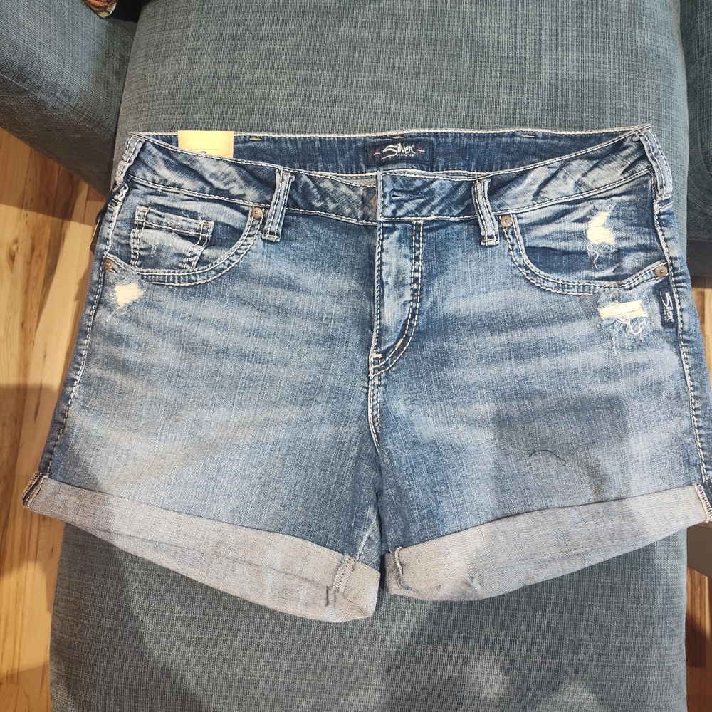 Silver Jeans Sam Boyfriend Rolled Cuff Distressed Denim Shorts